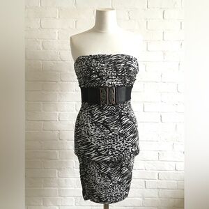 BNWOT UK2LA Black & White Zebra Tube Top Ruched Strapless Bodycon Dress w/ Belt
